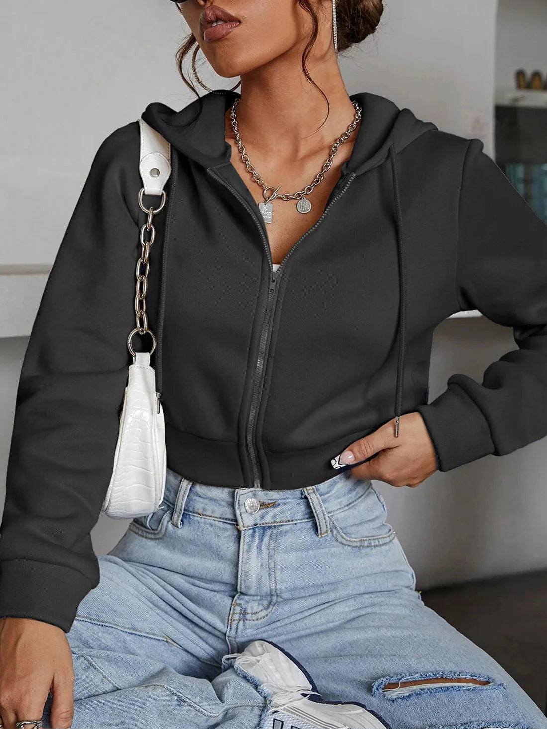 Relaxed Fit Cropped Zip Hoodie - Noire Co