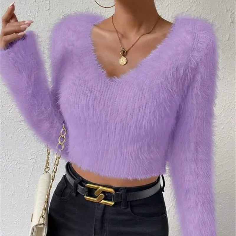 🤍 Soft V-Neck Cropped Knit Sweater - Noire Co
