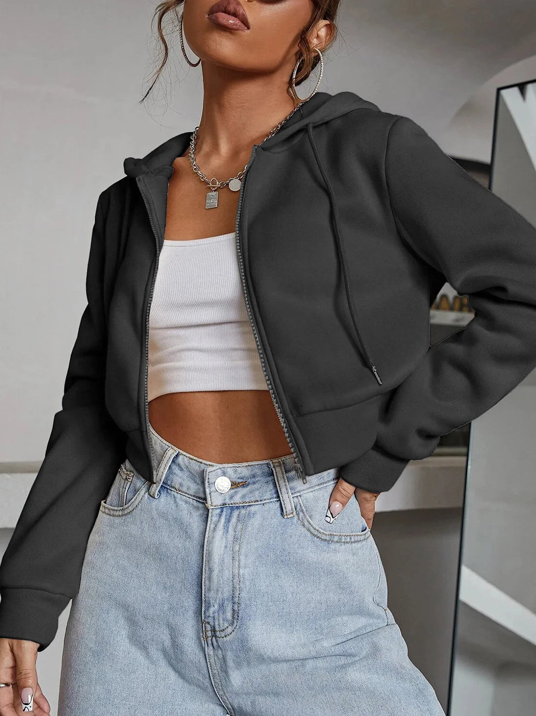 Relaxed Fit Cropped Zip Hoodie - Noire Co
