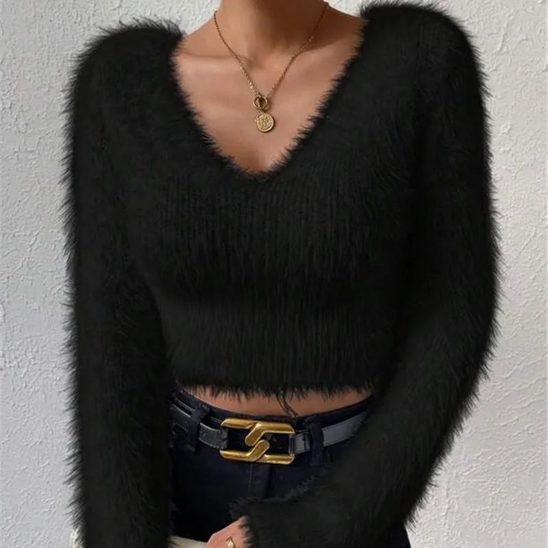 🤍 Soft V-Neck Cropped Knit Sweater - Noire Co